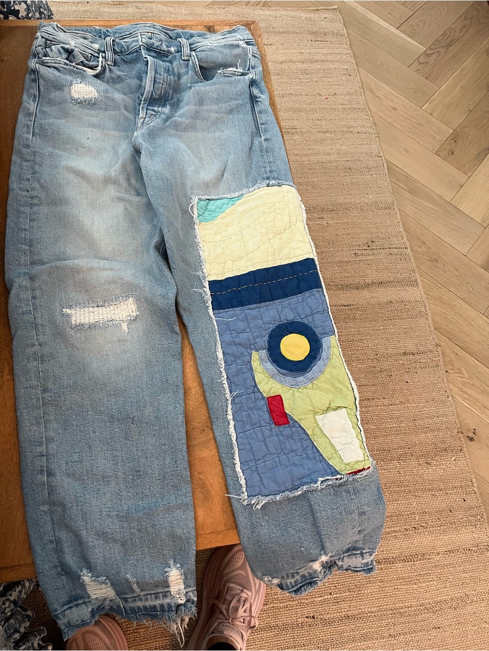 MOTHER The PATCHWORK Tomcat Ankle Undone Jeans with 
up-cycled patch